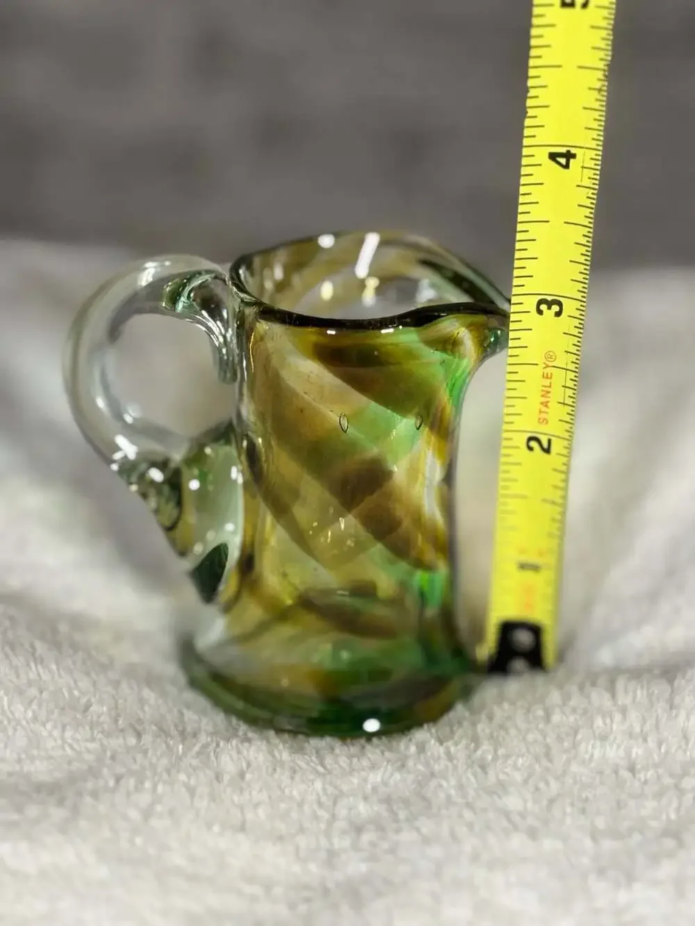 Vintage Hand-Blown Green and Yellow Swirl Art Glass Small Pitcher